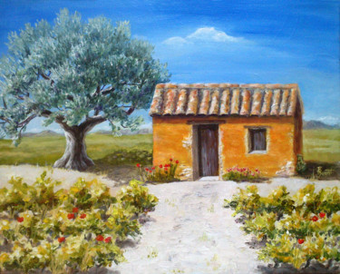 Painting titled "Le cabanon dans les…" by Brigitte Dumont, Original Artwork, Oil