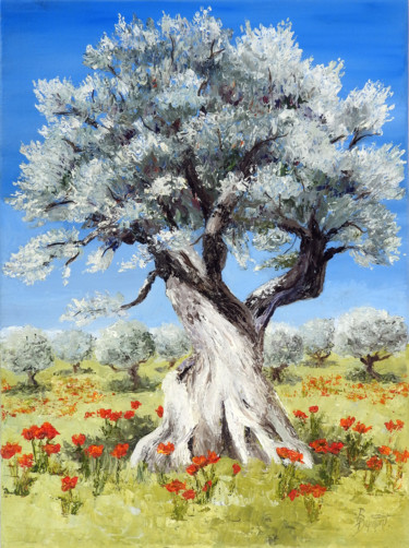 Painting titled "Le champ d'oliviers" by Brigitte Dumont, Original Artwork, Oil