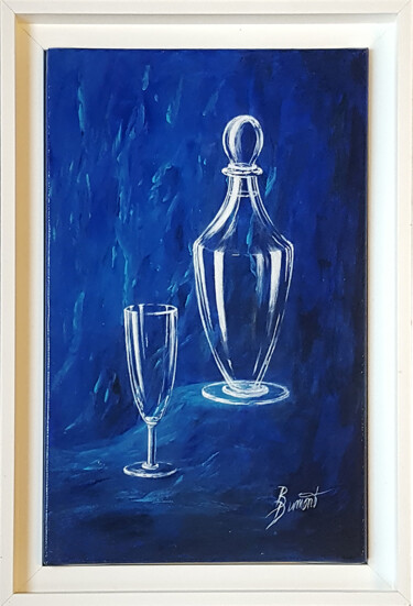 Painting titled "Carafe sur fond bleu" by Brigitte Dumont, Original Artwork, Acrylic