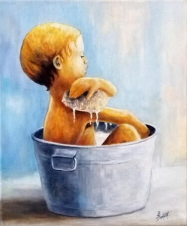 Malerei mit dem Titel "Le petit bain" von Brigitte Dumont, Original-Kunstwerk, Öl