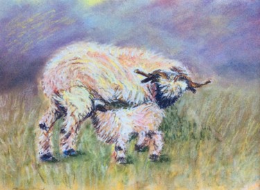 Painting titled "Brebis et son agneau" by Brigitte Givel, Original Artwork, Pastel Mounted on Glass