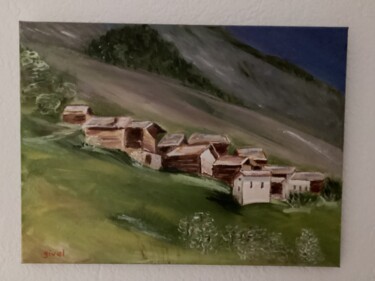 Painting titled "Hameau" by Brigitte Givel, Original Artwork, Oil