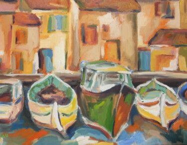 Peinture intitulée "barques au port" par Brigitte Godeau, Œuvre d'art originale, Huile Monté sur Châssis en bois