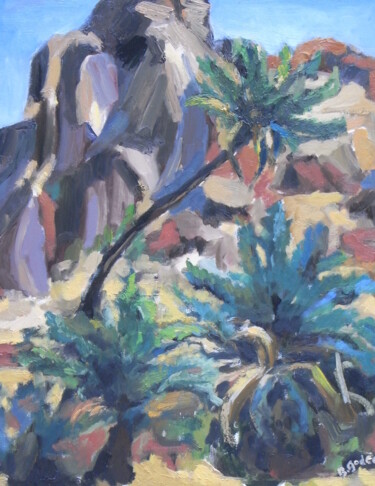 Painting titled "Rocher et palmier" by Brigitte Godeau, Original Artwork, Oil Mounted on Wood Stretcher frame