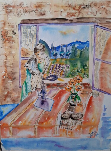 Painting titled "Kaffeezeit" by Brigitte Kölli, Original Artwork, Watercolor