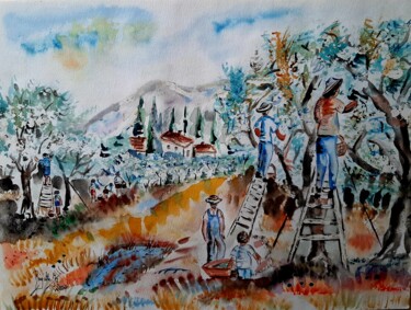 Malerei mit dem Titel "Olivenernte" von Brigitte Kölli, Original-Kunstwerk, Aquarell