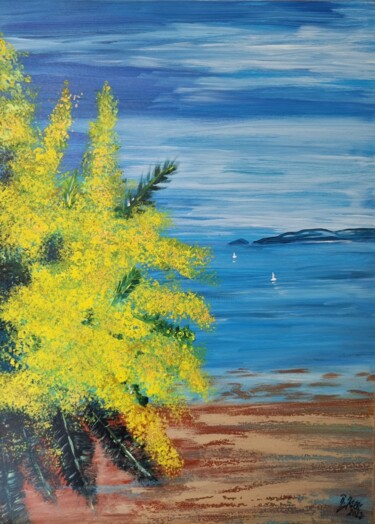 Painting titled "Mimosen am Strand" by Brigitte Kölli, Original Artwork, Acrylic