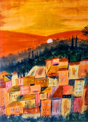 Картина под названием "Coucher du soleil s…" - Brigitte Kölli, Подлинное произведение искусства, Акрил