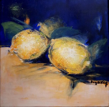 Painting titled "Les CITRONS 30 x 30…" by Brigitte Krief, Original Artwork, Oil Mounted on Wood Stretcher frame