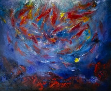 Painting titled "RONDE DES POISSONS" by Brigitte Krief, Original Artwork, Oil Mounted on Wood Stretcher frame