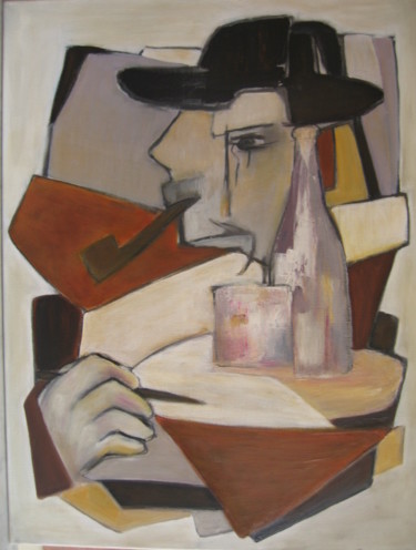 Painting titled "HOMME à la PIPE" by Brigitte Krief, Original Artwork, Oil Mounted on Wood Stretcher frame