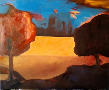 Painting titled "COUCHER de SOLEIL s…" by Brigitte Krief, Original Artwork, Oil Mounted on Wood Stretcher frame