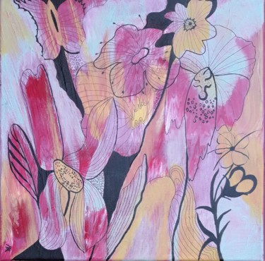 Painting titled "Flowers 1" by Brigitte Mathé (MBL), Original Artwork, Acrylic Mounted on Wood Stretcher frame