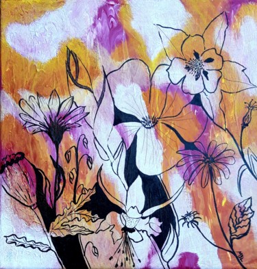 Painting titled "Flowers2" by Brigitte Mathé (MBL), Original Artwork, Acrylic Mounted on Wood Stretcher frame