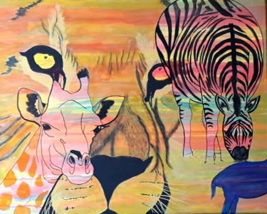 Schilderij getiteld "Africanimals 3" door Brigitte Mathé (MBL), Origineel Kunstwerk, Acryl Gemonteerd op Frame voor houten b…