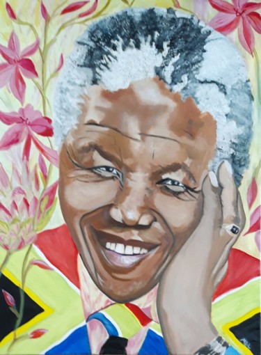 Painting titled "Madiba (G.Mandela)" by Brigitte Mathé (MBL), Original Artwork, Oil Mounted on Wood Stretcher frame