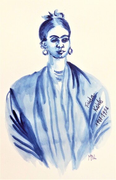 Drawing titled "Frida Kahlo" by Brigitte Mathé (MBL), Original Artwork, Watercolor