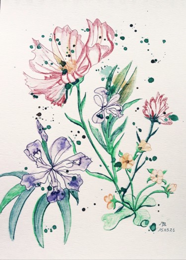 Drawing titled "C'est le printemps…" by Brigitte Mathé (MBL), Original Artwork, Watercolor