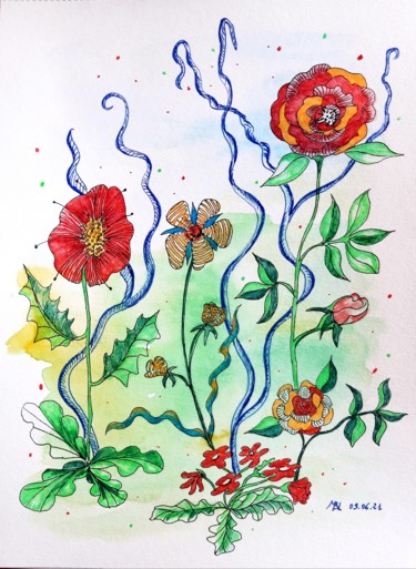 Desenho intitulada "C'est le printemps 9" por Brigitte Mathé (MBL), Obras de arte originais, Tinta