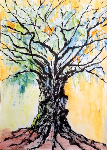 Painting titled "Auprès de mon arbre" by Brigitte Mathé (MBL), Original Artwork, Ink