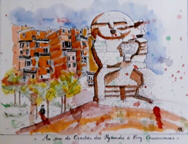 Desenho intitulada "Place Jacques Préve…" por Brigitte Mathé (MBL), Obras de arte originais, Aquarela