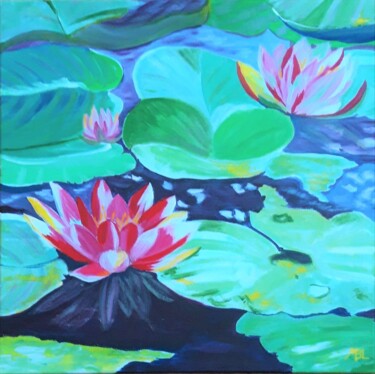 Painting titled "Nymphéas de Giverny…" by Brigitte Mathé (MBL), Original Artwork, Acrylic Mounted on Wood Stretcher frame