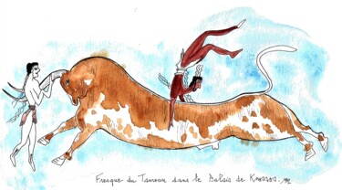 Рисунок под названием "Fresque du taureau" - Brigitte Mathé (MBL), Подлинное произведение искусства, Акварель