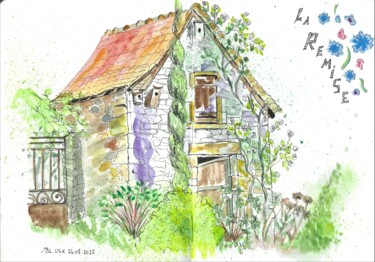 Tekening getiteld "La remise du jardin…" door Brigitte Mathé (MBL), Origineel Kunstwerk, Aquarel