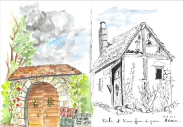 Tekening getiteld "Porche et Cabane à…" door Brigitte Mathé (MBL), Origineel Kunstwerk, Aquarel