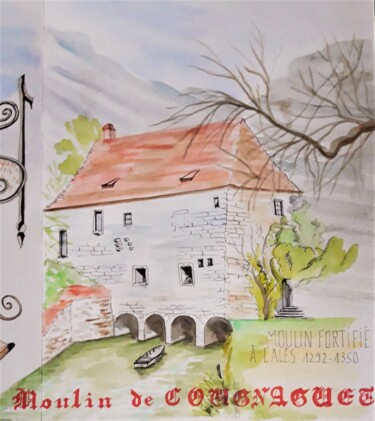 Tekening getiteld "Le Moulin de Cougna…" door Brigitte Mathé (MBL), Origineel Kunstwerk, Aquarel