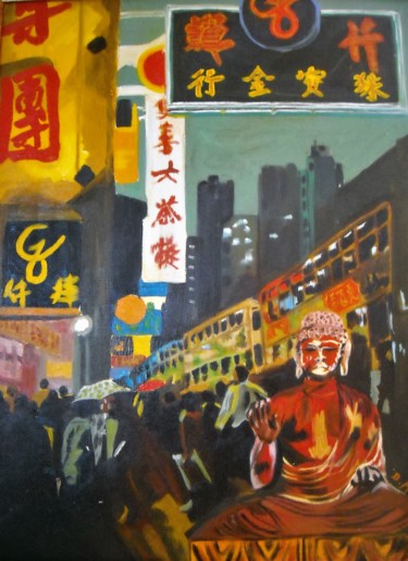 Painting titled "Une nuit à Hong-Kong" by Brigitte Mathé (MBL), Original Artwork, Oil Mounted on Wood Stretcher frame