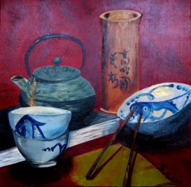 Peinture intitulée "A l'heure du thé" par Brigitte Mathé (MBL), Œuvre d'art originale, Huile Monté sur Châssis en bois