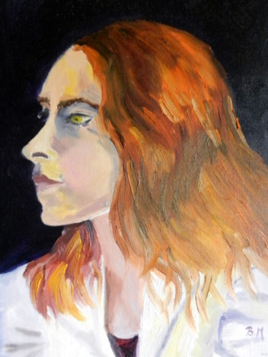 Painting titled "Jeune femme aux che…" by Brigitte Mathé (MBL), Original Artwork, Oil Mounted on Wood Stretcher frame