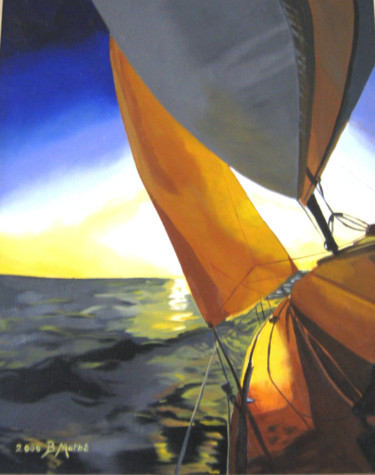 Painting titled "Voile au couchant" by Brigitte Mathé (MBL), Original Artwork, Oil Mounted on Wood Stretcher frame