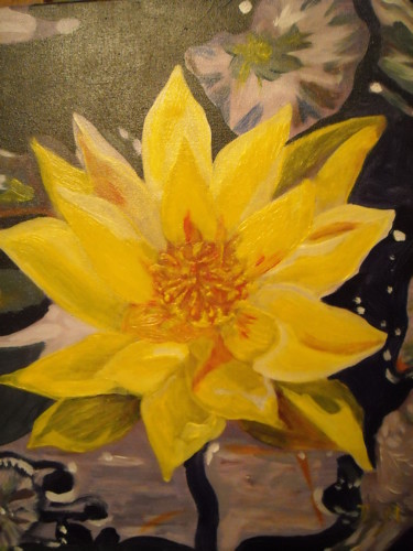 Картина под названием "Nymphéa jaune" - Brigitte Mathé (MBL), Подлинное произведение искусства, Масло Установлен на Деревянн…