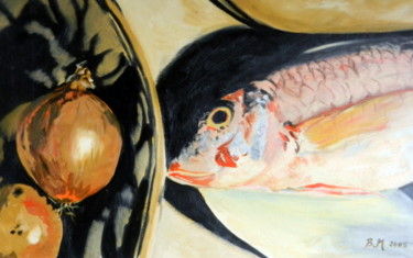 Painting titled "Poisson et oignons" by Brigitte Mathé (MBL), Original Artwork, Oil Mounted on Wood Stretcher frame