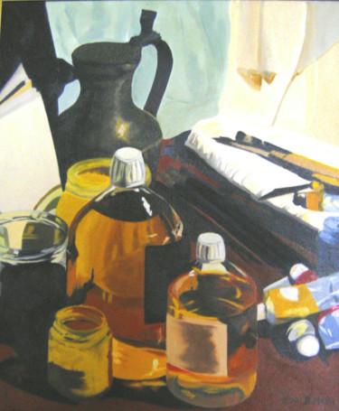 Painting titled "L'atelier" by Brigitte Mathé (MBL), Original Artwork, Oil Mounted on Wood Stretcher frame