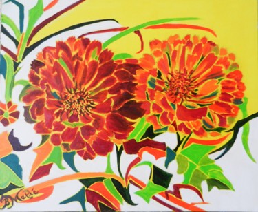 Painting titled "Fantaisie florale" by Brigitte Mathé (MBL), Original Artwork, Oil Mounted on Wood Stretcher frame
