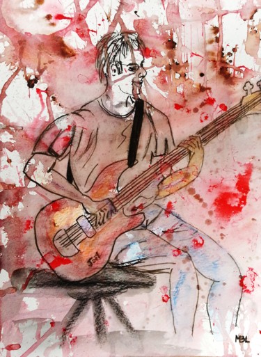 Dessin intitulée "Jeune guitariste "s…" par Brigitte Mathé (MBL), Œuvre d'art originale, Encre