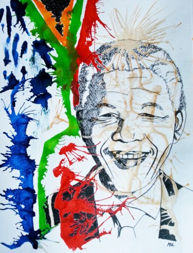 Рисунок под названием "Nelson Mandela, Hom…" - Brigitte Mathé (MBL), Подлинное произведение искусства, Чернила