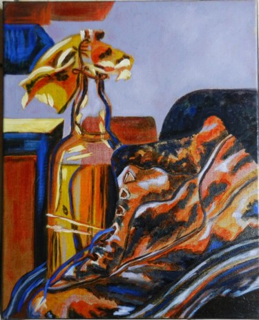 Painting titled "La bouteille et le…" by Brigitte Mathé (MBL), Original Artwork, Oil Mounted on Wood Stretcher frame