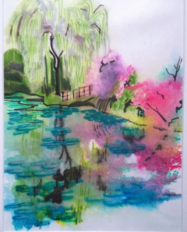 Painting titled "L'étang de Monet à…" by Brigitte Mathé (MBL), Original Artwork, Watercolor