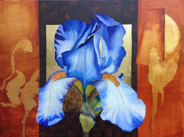 Flower Pow-wow - Iris bleu.jpg Peinture intitulée "Flower Pow-wow - Ir…" par Brigitte Menon, Œuvre d'art originale, Huile