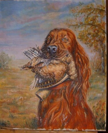 Painting titled "setter et becasse" by Brigitte Nellissen (Ster), Original Artwork, Oil