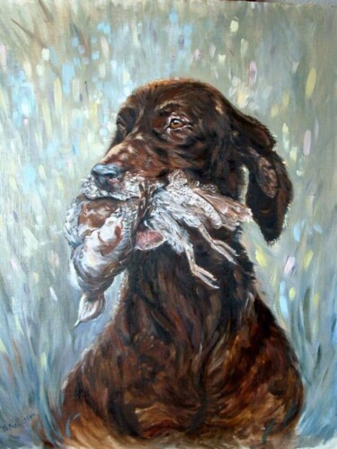 Painting titled "chien et becasse" by Brigitte Nellissen (Ster), Original Artwork, Oil