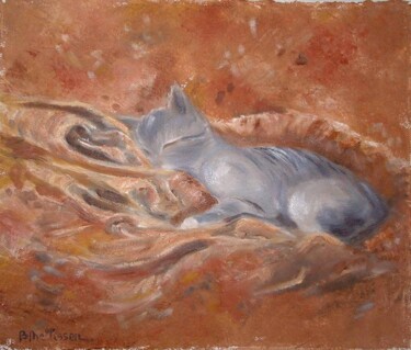 Painting titled "chat endormi" by Brigitte Nellissen (Ster), Original Artwork, Oil