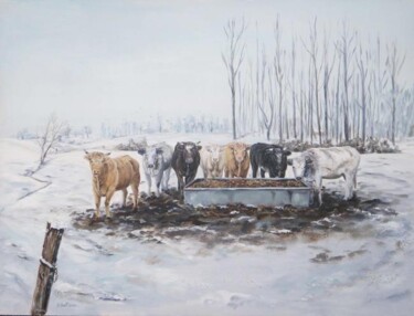 Peinture intitulée "Vaches dans la neige" par Brigitte Nellissen (Ster), Œuvre d'art originale
