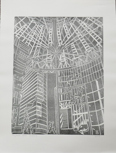 Druckgrafik mit dem Titel "SONY CENTER" von Brigitte Neuve-Eglise (enerenroad), Original-Kunstwerk, Linoldrucke
