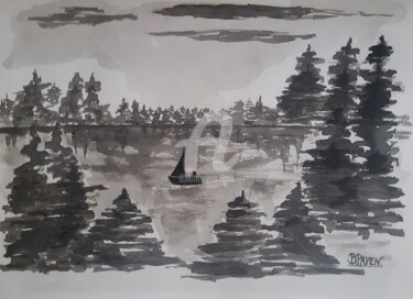 Dessin intitulée "Lac de montagne,  p…" par Brigitte Payen (B.PAYEN), Œuvre d'art originale, Encre