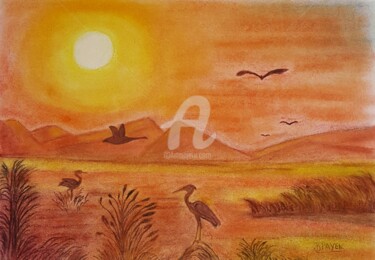 Desenho intitulada "COUCHER DE SOLEIL A…" por Brigitte Payen (B.PAYEN), Obras de arte originais, Pastel